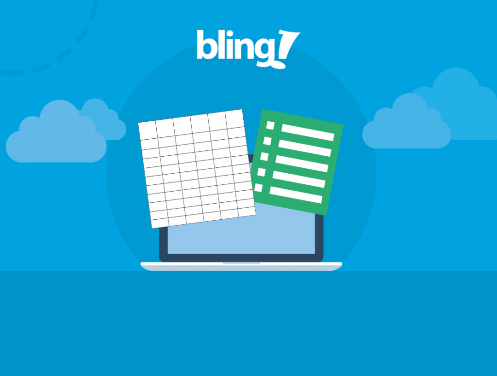 Ilustração de um notebook aberto, com planilhas financeiras saltando para fora da tela