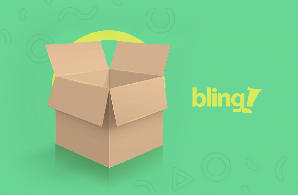 Modelo de caixa 3D aberta com fundo verde e o logo do Bling ao lado