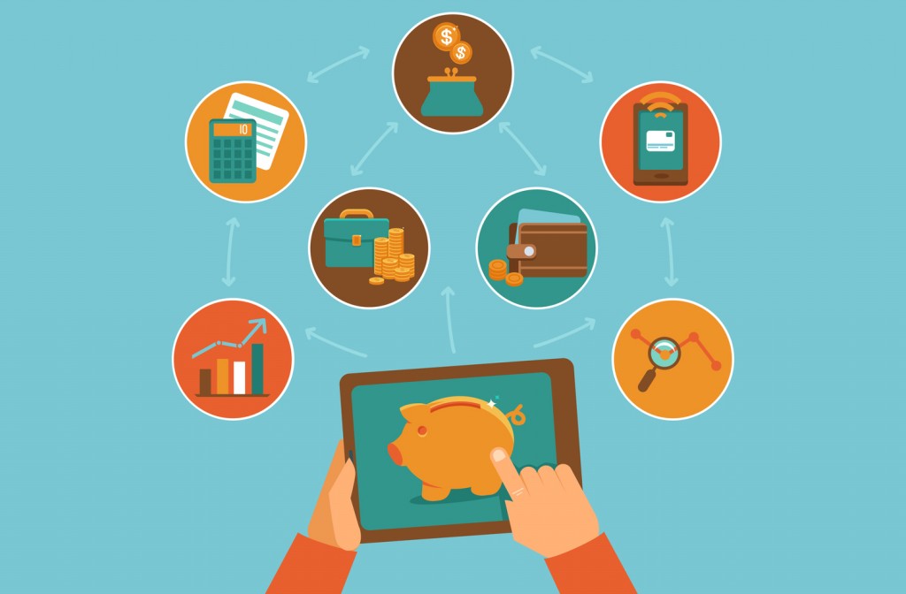 Ilustração de uma pessoa tocando em um tablet, com vários ícones característicos do e-commerce flutuando ao redor: moedas, carteira, gráficos, lupa, etc