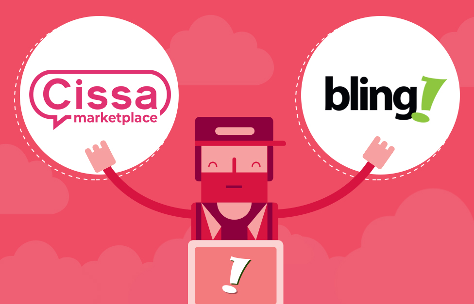 Personagem característico do Bling segurando os logotipos do Bling e do Cissa Magazine, agora integrados
