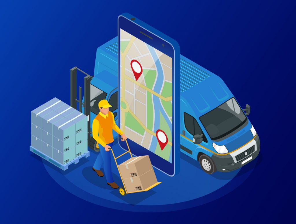 Desenho de um celular com um mapa na tela, junto de um entregador retirando as encomendas do carro usado para a logística