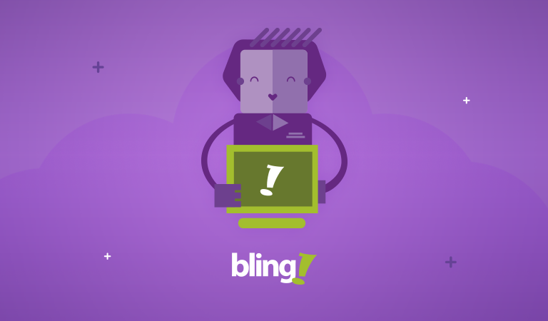 Em um fundo roxo, ilustração de uma personagem segurando um monitor com o logotipo do Bling