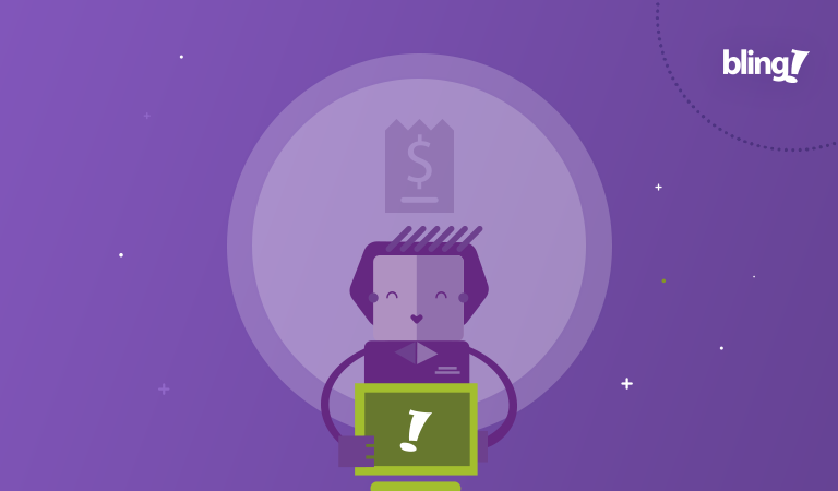 Ilustração de uma mulher utilizando o Bling em seu computador, com um ícone de nota fiscal acima dela