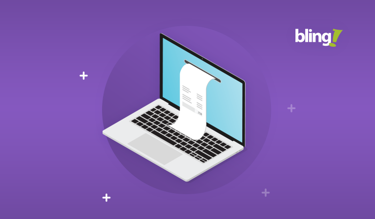 Ilustração de um notebook com uma nota fiscal de serviço saindo da tela