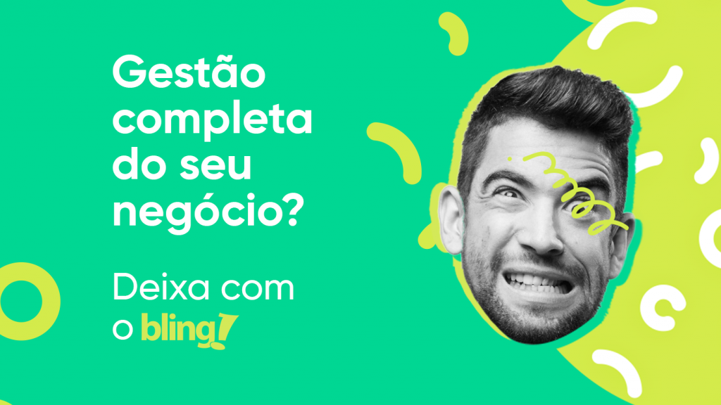 Cabeça de um homem com expressão de loucura ao lado do texto "Gestão completa do seu negócio? Deixa com o Bling!"