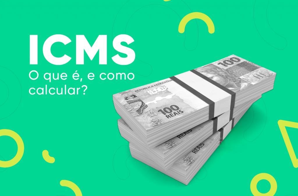 Malotes de notas de R$100 empilhados ao lado da palavra "ICMS" em grande destaque