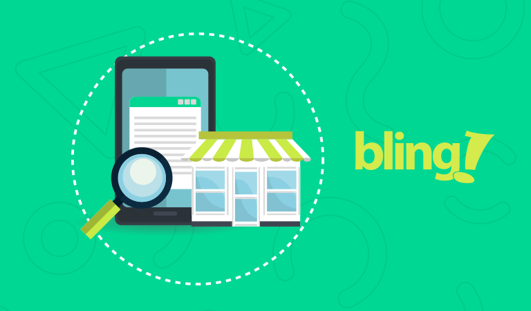 Ilustração de um celular ao lado de uma loja física e uma lupa, representando o SEO das buscas