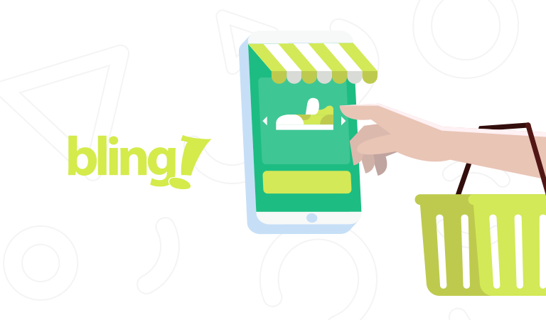 Ilustração de uma pessoa com uma cesta de compras na mão (simulando o PDV Bling), enquanto clica na tela de um Smartphone para acessar o e-commerce