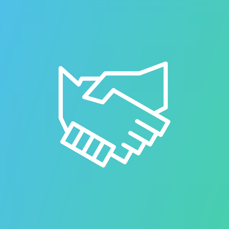 Em um fundo gradiente azul e verde, aparece o contorno branco de duas mãos se cumprimentando em parceria