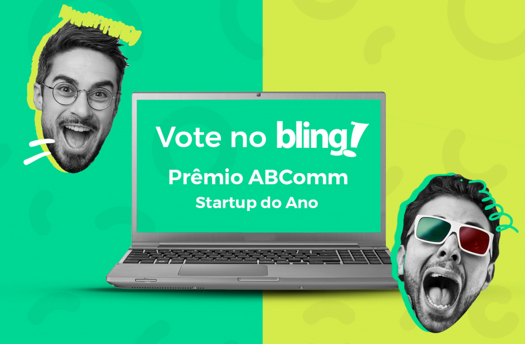 Na tela de um notebook aparece o texto "Vote no Bling! Prêmio Abcomm", e ao redor flutuam algumas cabeças de homens sorrindo