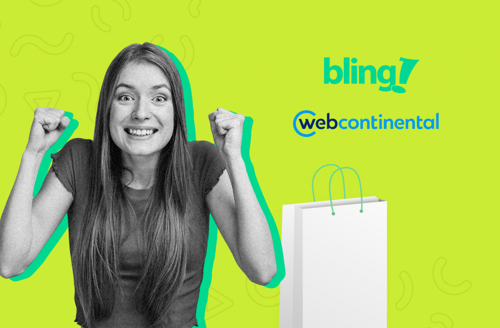 Mulher comemorando a nova parceria, ao lado dela aparecem os logotipos do Bling e da WebContinental