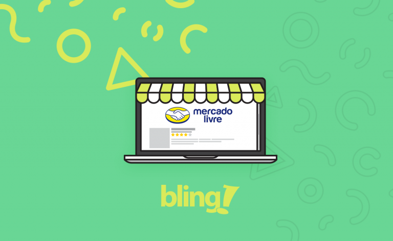 Ilustração de um notebook enfeitado como a fachada de uma loja e com o logotipo do Mercado Livre no centro da tela