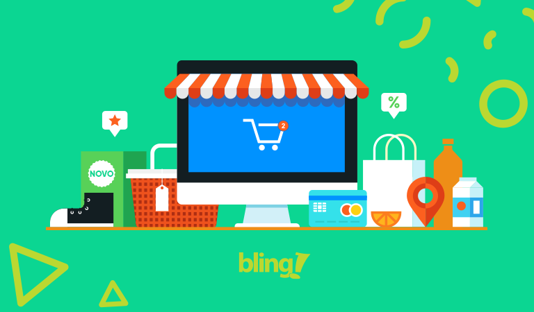 Ilustração de um computador representando uma loja virtual, rodeado de produtos e ícones de vendas pela internet