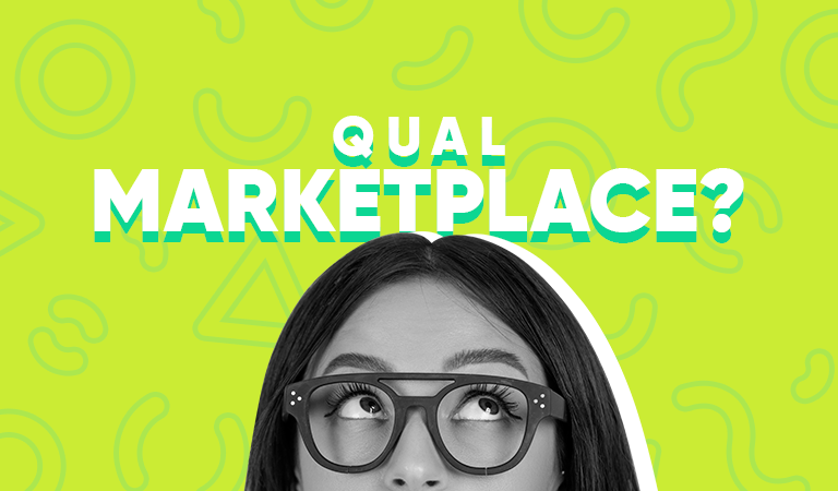 Cabeça de uma mulher pensativa olhando para cima, onde aparece a frase "Qual marketplace?" em letras grandes