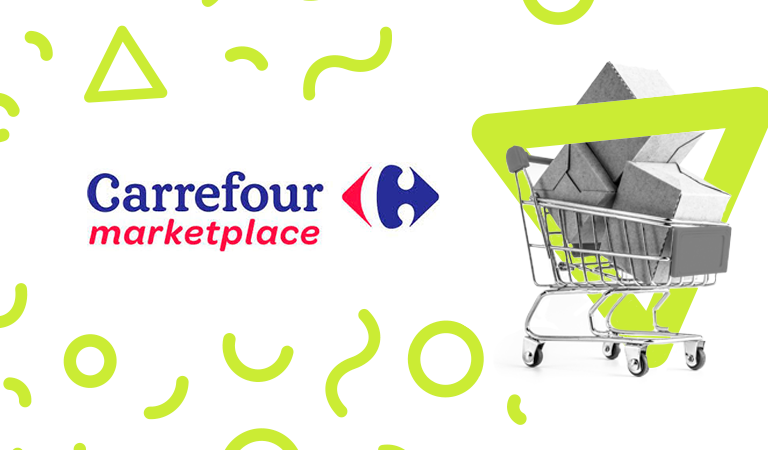 Ao lado de um carrinho de supermercado cheio de caixas, aparece o logotipo do Carrefour Marketplace