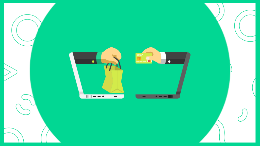 Ilustração de dois notebooks de frente um para o outro; de um deles sai uma sacola de compras e do outro um cartão de crédito, representando um negócio sendo feito