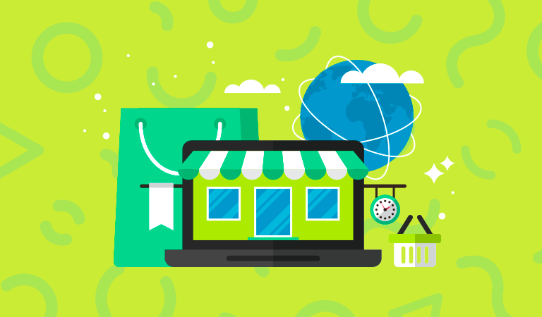 Ilustração de um laptop no formato de uma fachada de loja, com uma sacola de compras e um globo terrestre representando a internet atrás dele