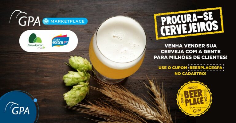 Foto de um copo de cerveja visto de cima, com vários logotipos e textos ao redor, falando sobre o GPA Marketplace