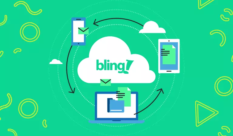 Logo do Bling dentro de uma nuvem, rodeado de um celular, um laptop e um tablet