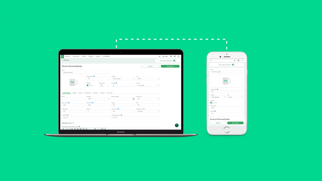 Em um fundo verde, um laptop e um celular mostram a tela do Bling, com a nova interface de Produtos