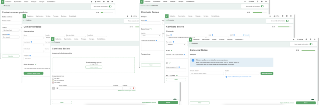 Conjunto de capturas de tela das 6 etapas da nova Criação de Produtos do Bling