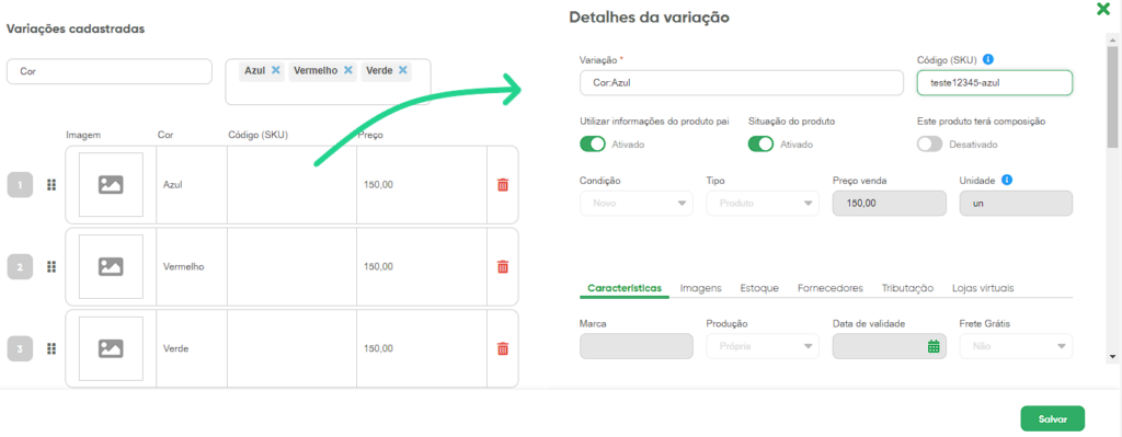 Captura de tela da nova Edição de Variações do Bling