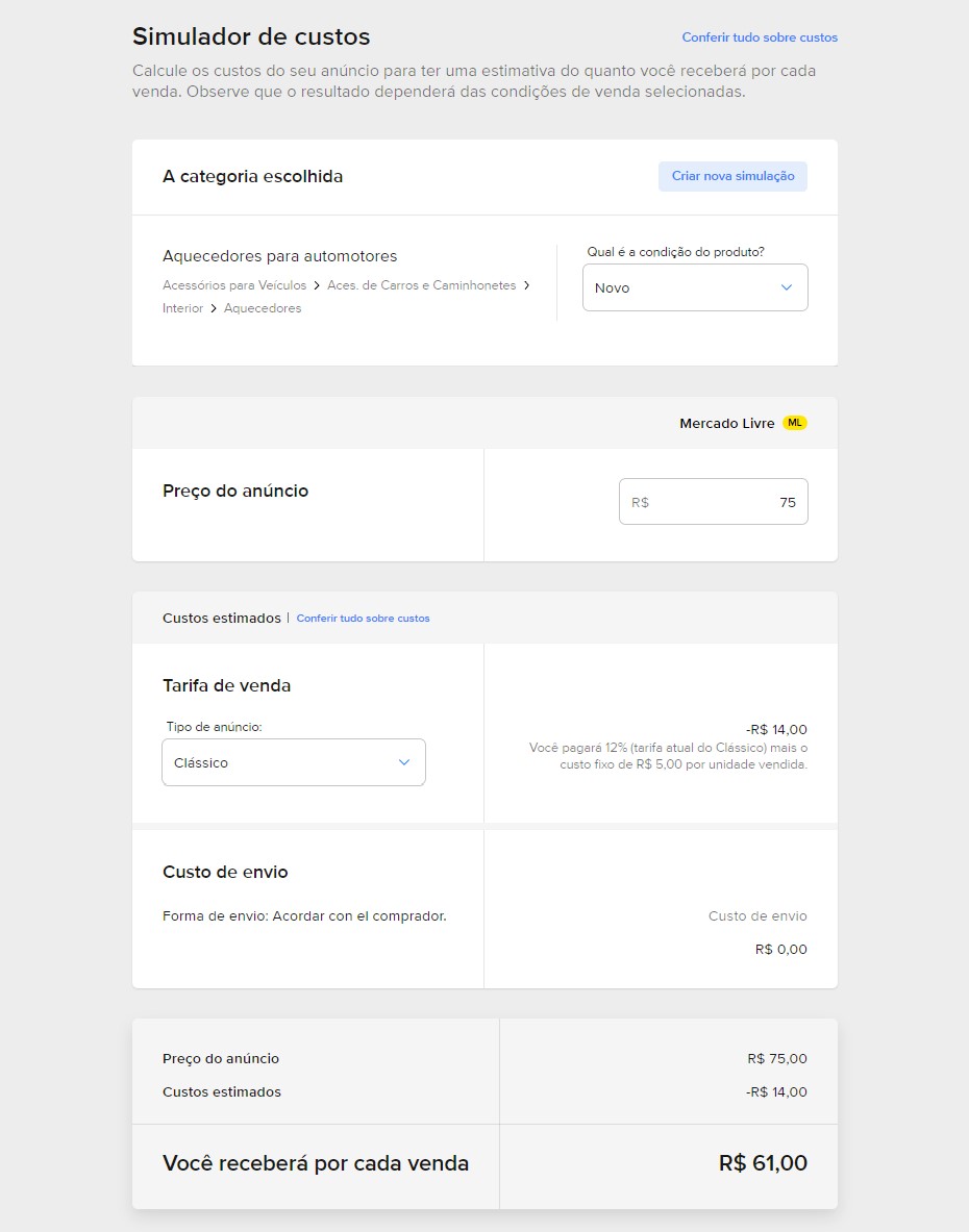 Taxas mercado livre